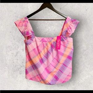 Lilly Pulitzer Top Size XL Reyna Pink Isle Madras Plaid Ruffle Tank